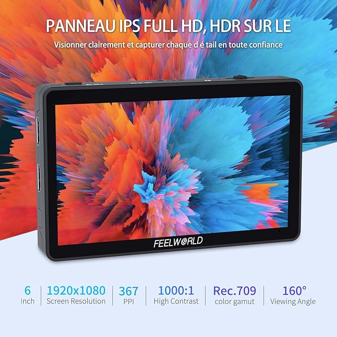 Moniteur feelword F6 est un moniteur de terrain léger et abordable pour caméras, doté d'un écran tactile IPS 5.5" Full HD (1920x1080